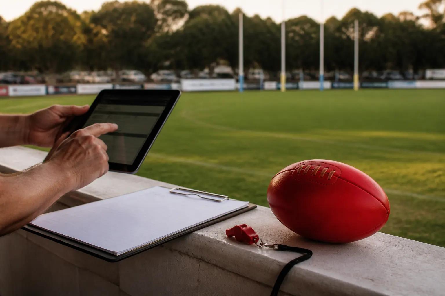 Competition documents and a tablet ready for an Australian football rules check