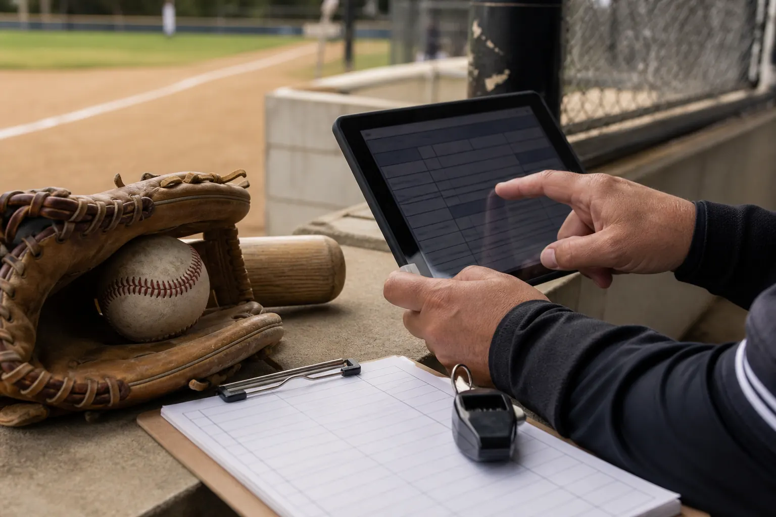 Competition documents and a tablet ready for a baseball rules check