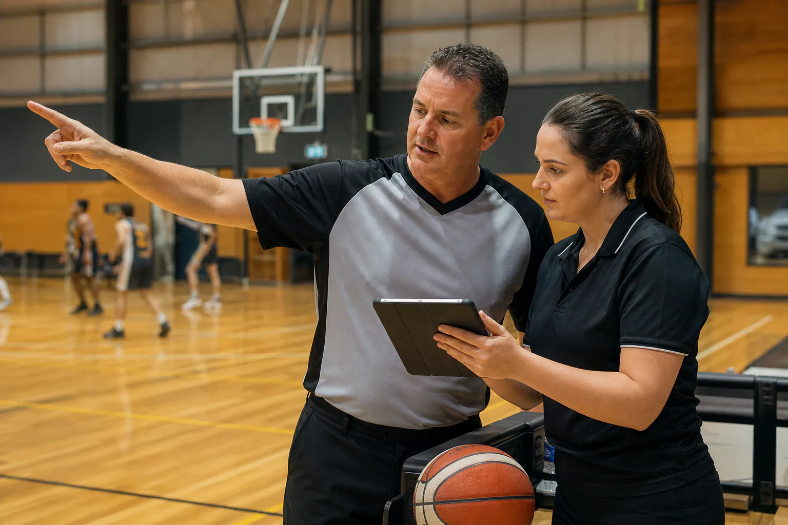 Basketball referee and scorebench official reviewing a court ruling beside the sideline