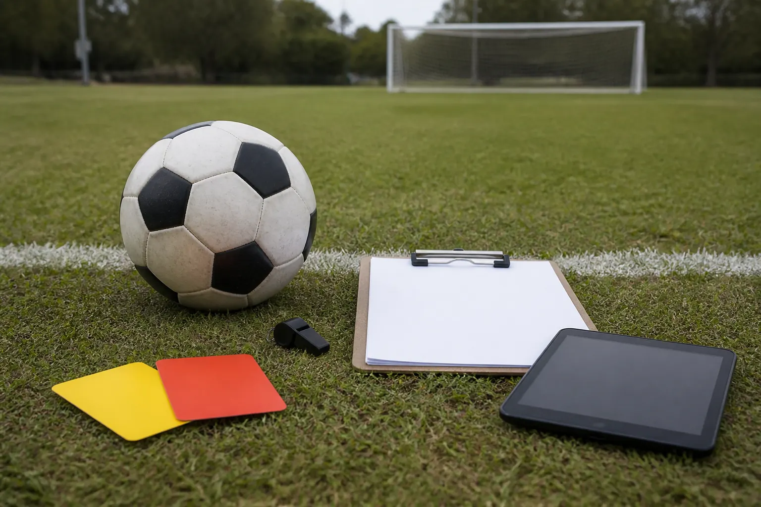 Competition documents and a tablet ready for a football rules check