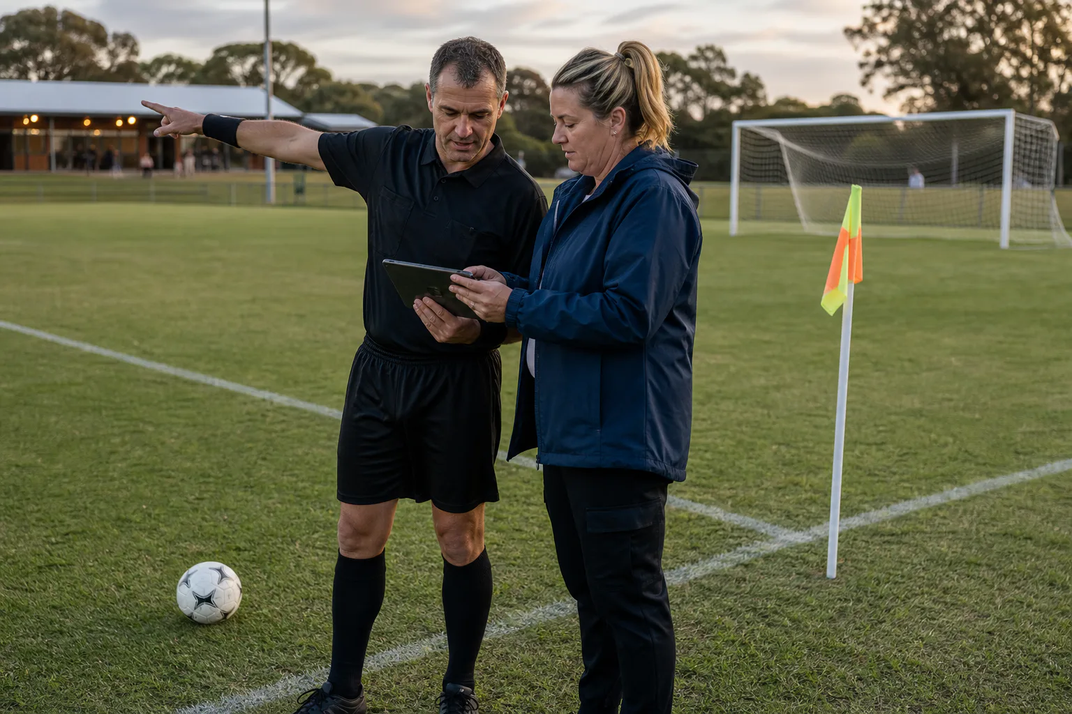 Football referee and competition coordinator reviewing a field-position ruling near the corner flag