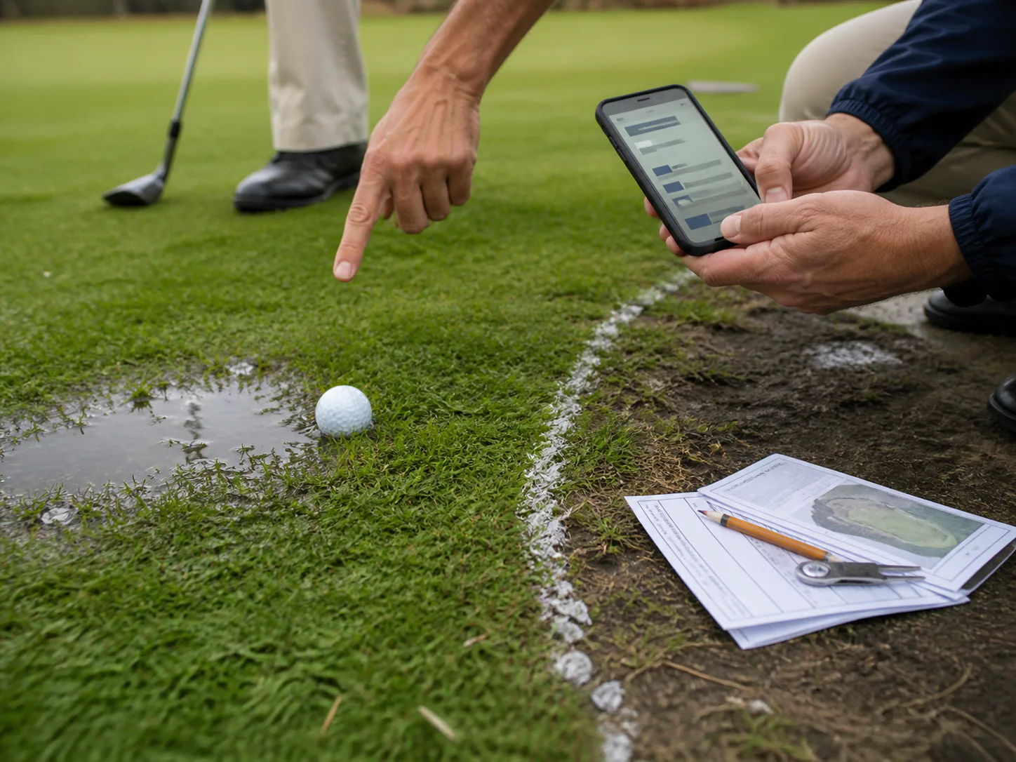 Golf ball beside temporary water and a GUR line while officials check a current course notice