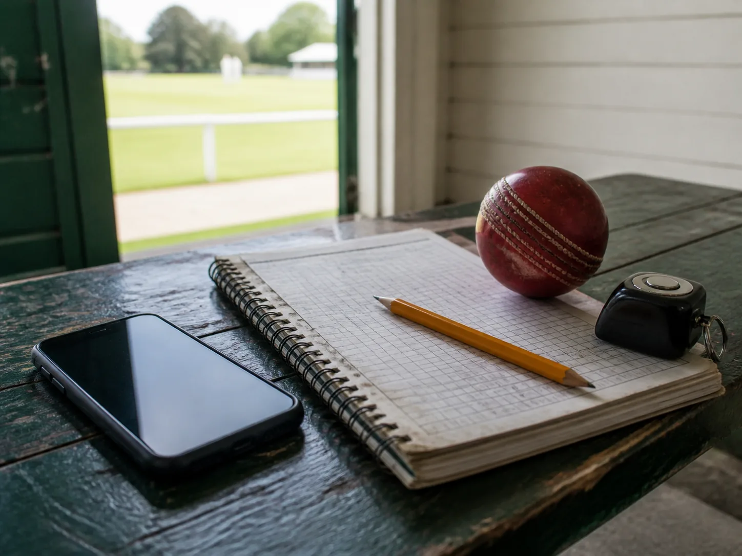 Cricket equipment, match-day documents and a tablet prepared for a rules check