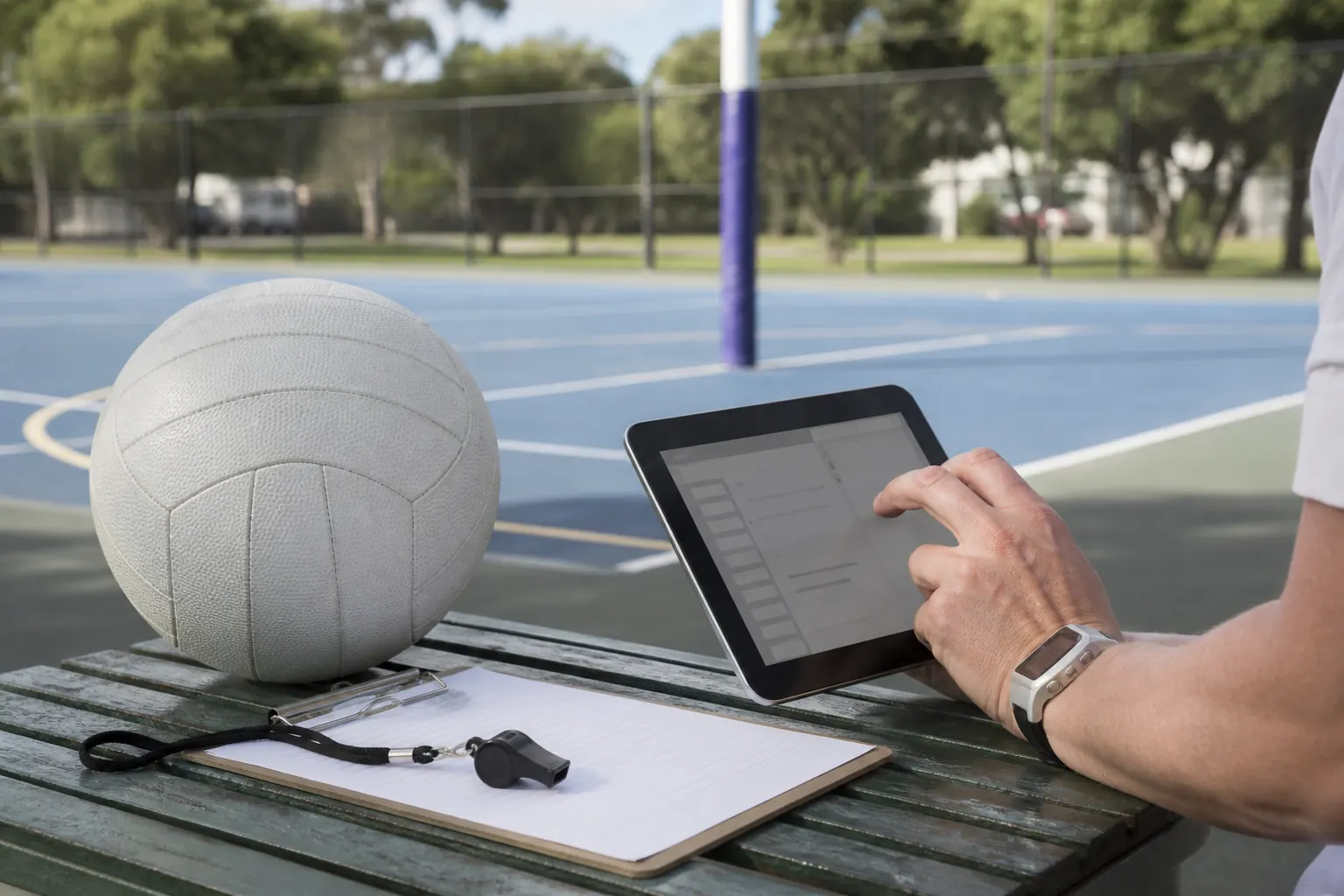 Competition documents and a tablet ready for a netball rules check