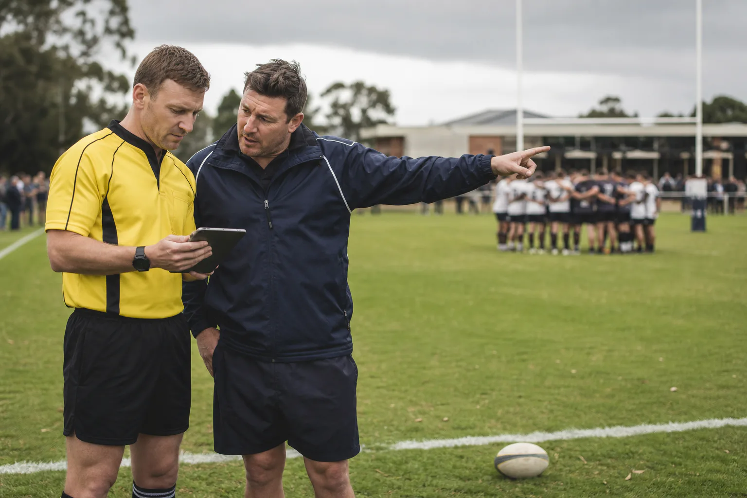 Rugby union referee and coach reviewing a match ruling beside the touchline