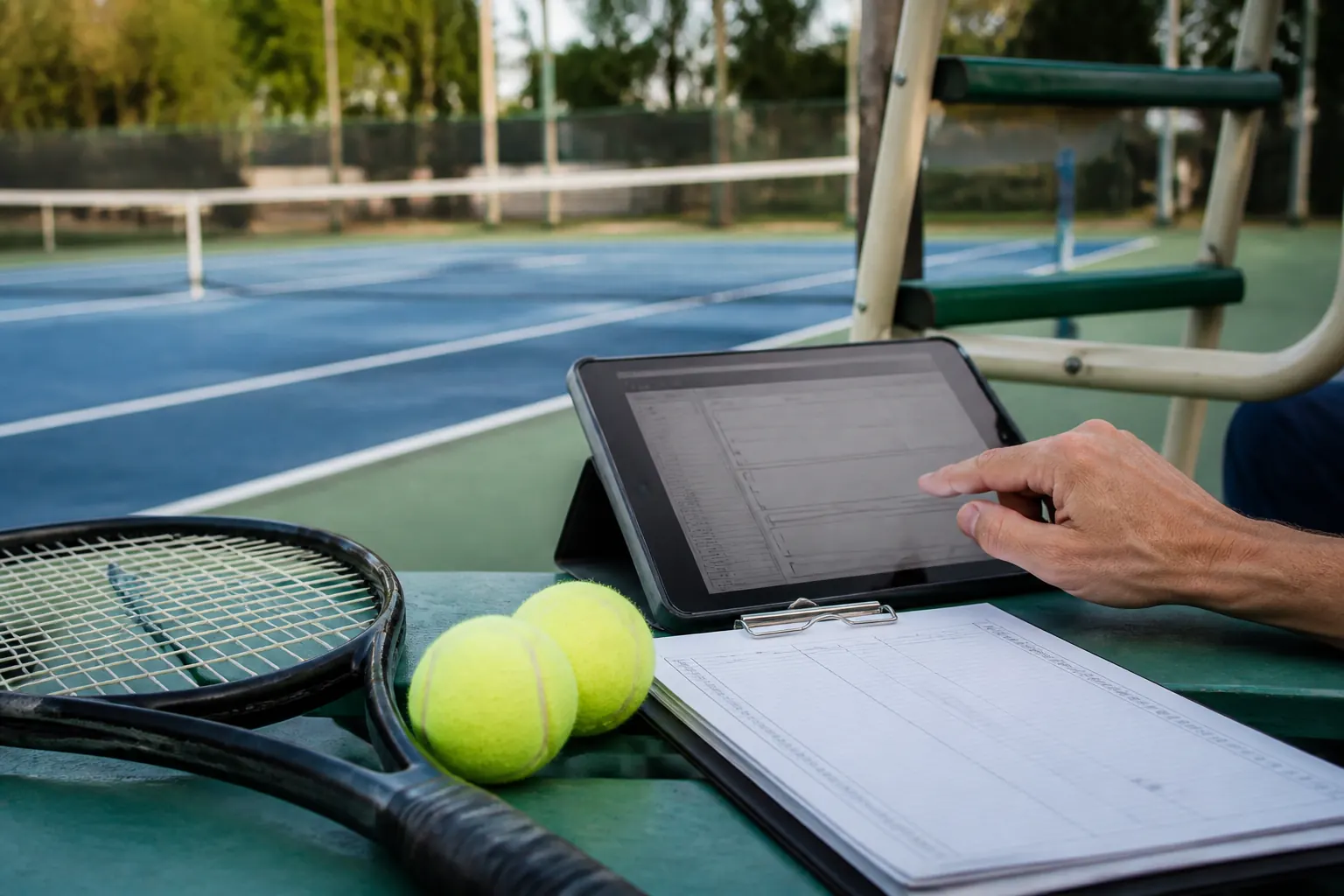 Competition documents and a tablet ready for a tennis rules check